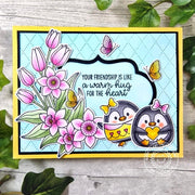 Sunny Studio Penguin Friends with Daffodil & Tulip Flowers Handmade Friendship Card using Spring Garland Clear Craft Stamps