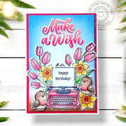 Sunny Studio Typewriter with Birds, Daffodils & Tulips Flowers Handmade Birthday Card using Spring Garland Clear Craft Stamps