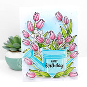 Sunny Studio Pink Tulip Flower in Aqua Blue Watering Can Floral Bouquet Birthday Card using Spring Garland Clear Craft Stamps