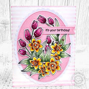 Sunny Studio Pink Tulips & Daffodils Floral Flowers Scalloped Oval Birthday Card using Spring Garland 4x6 Clear Craft Stamps