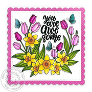 Sunny Studio You Are Awesome Tulips & Daffodils Flowers Floral Scalloped Square Card using Spring Garland Clear Craft Stamps