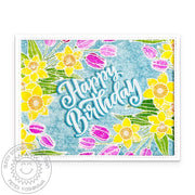 Sunny Studio Watercolor Tulips & Daffodil Flowers Spring Birthday Card using Spring Garland & Big Bold Greetings Craft Stamps