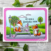 Sunny Studio Foxes Sitting on Park Bench Feeding Birds Punny DIY Friendship Card using Foxy Friends Fox Clear Craft Stamps