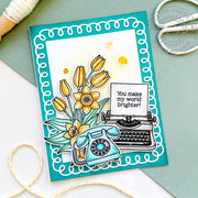 Sunny Studio "You Make The World Brighter" Typewriter & Phone with Daffodils Card using Vintage Valentine Clear Craft Stamps