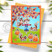 Sunny Studio Scarecrow, Fall Leaves, & Pumpkins on Farm DIY Handmade Autumn Card using Squirrel Friends Clear Craft Stamps