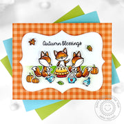 Sunny Studio Autumn Fox Thanksgiving Picnic Orange Checked Gingham DIY Fall Scene Card using Foxy Friends Clear Craft Stamps