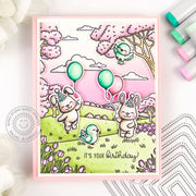 Sunny Studio Bunny Rabbit Spring Cherry Blossoms Birthday Party Card using Majestic Meadow 6x6 Background Clear Craft Stamps