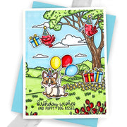 Sunny Studio Dog & Birds with Party Hats, Balloons & Gifts Outdoor Birthday Card using Majestic Meadow 6x6 Clear Craft Stamps