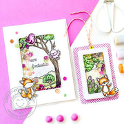 Sunny Studio Punny Fox Spring Tulips Shaker Card & Gift Tag using Majestic Meadow 6x6 Background Backdrop Clear Craft Stamps