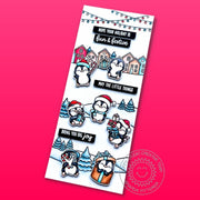 Sunny Studio Penguins with Homes, Hills, & Snowy Trees Slimline Holiday Christmas Card using Scenic Route Clear Craft Stamps