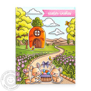 Sunny Studio Bunnies with Easter Basket, Tulips, & Carrot House Spring Card using Tulip Path Background 6x6 Clear Stamps