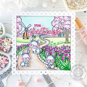 Sunny Studio Bunny & Cherry Blossoms Spring Greetings Scalloped Square Card using Tulip Path Background 6x6 Clear Craft Stamp