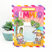Sunny Studio Stamps Kids at Beach with Fruity Drinks DIY Handmade Shaker Card using Summer Jar Mug Metal Cutting Craft Dies