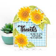 Sunny Studio Blue Gingham Scalloped Sunflower DIY Thank You Card using Sunflower Fields Layering Layered Clear Craft Stamps