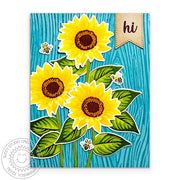 Sunny Studio Growing Fall Flowers Hi Turquoise Wood Embossed Card using Sunflower Fields Clear Layered Layering Craft Stamps