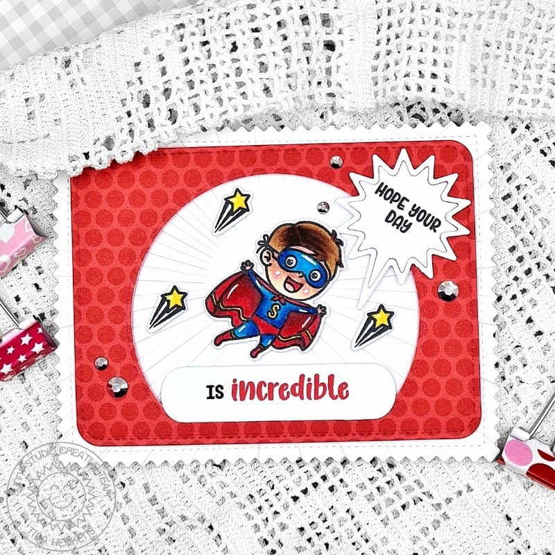 Sunny Studio "Hope your day is incredible" Super Duper Superhero Embossed Handmade Card using Sunburst 6x6 Embossing Folder