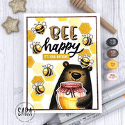 Sunny Studio Bee Happy It's Your Birthday Bear, Honey Jar & Honeycomb Handmade Card using Sweet As Can Bee Clear Craft Stamps