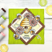 Sunny Studio Bee with Beehive & Flowers Scalloped Square Thanks Honey Handmade Card using Sweet As Can Bee Clear Craft Stamps