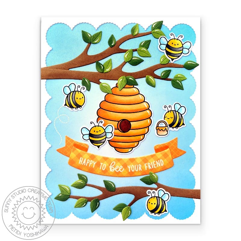Sunny Studio Happy To Bee Your Friend Bumblebee & Beehive Handmade Friendship Card using Sweet as Can Bee Clear Craft Stamps