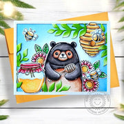 Sunny Studio Black Bear with Honey Jar, Bumblebees, & Sunflowers Handmade DIY Card using Sweet As Can Bee Clear Craft Stamps