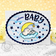 Sunny Studio Stamps Baby Elephant in Cloud Craddled by Moon Handmade Oval Card using Sydney Alphabet Metal Cutting Craft Dies
