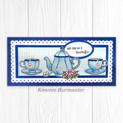 Sunny Studio Blue Paper-pieced Teapot & Teacups Tea-riffic Scalloped Slimline DIY Card using Afternoon Tea Clear Craft Stamps