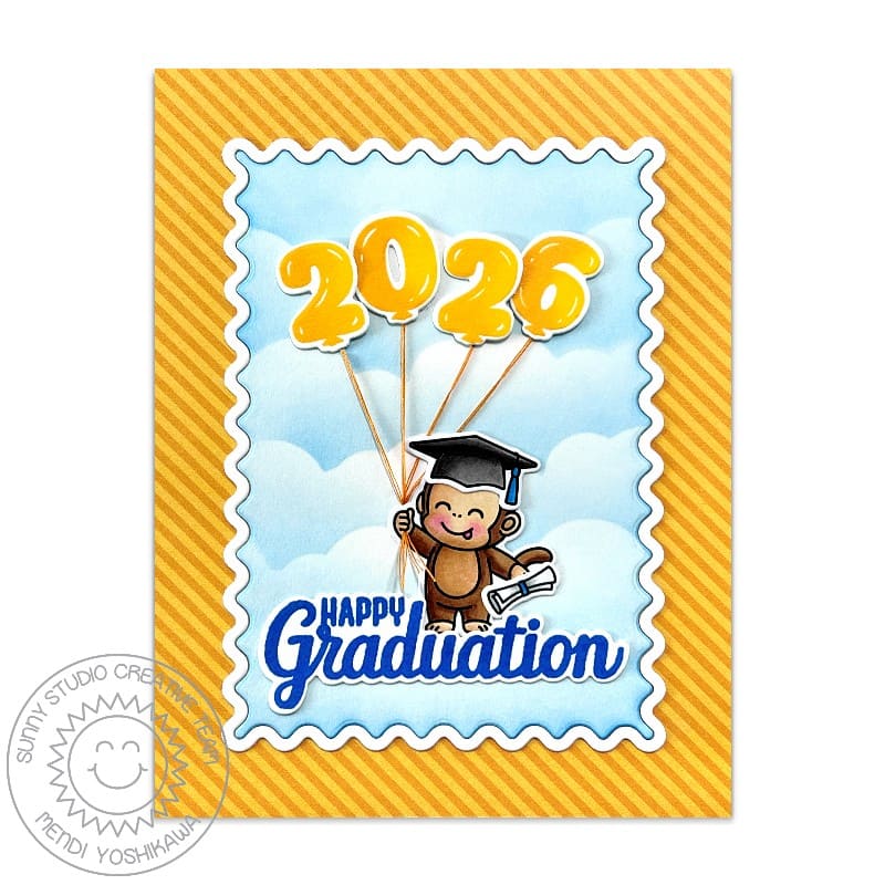Sunny Studio Monkey Holding Number Balloons Graduation Card using Monkey Business & The Graduate Clear Craft Stamps & Dies
