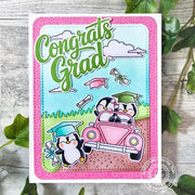 Sunny Studio Congrats Grad Penguins in Pink Car Congratulations Graduation Card using The Graduate Clear Craft Stamps & Dies
