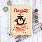 Sunny Studio: "Congrats! You Did It" Penguin Grad on Stack of Books DIY Graduation Card using The Graduate Clear Craft Stamps