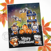 Sunny Studio Critters in Costumes with Haunted House Handmade DIY Halloween Card using Too Cute To Spook Clear Craft Stamps