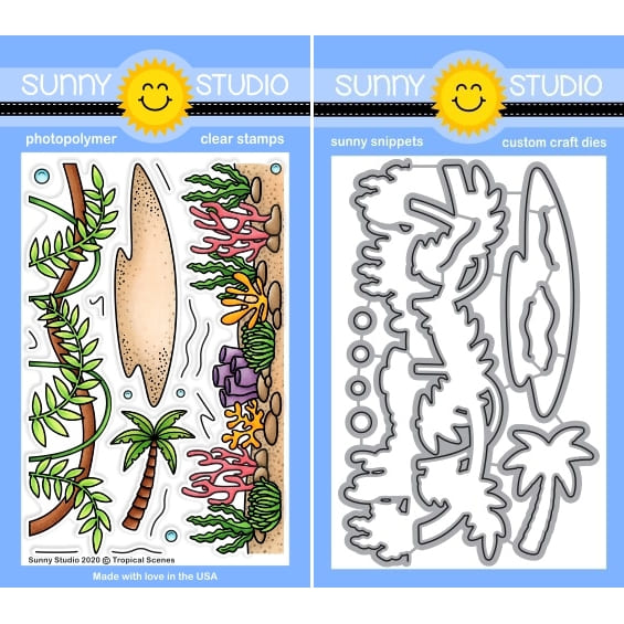 Sunny Studio Tropical Scenes Beach, Ocean, & Jungle Borders 4x6 Clear Craft Stamps & Metal Cutting Dies Set