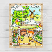 Sunny Studio You Make My Heart Soar Kids Flying Kites Outdoors Spring Card using Tulip Path Background 6x6 Clear Craft Stamps
