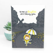 Sunny Studio Girl with Yellow Duck Raincoat & Umbrella B&W Spring Card using Tulip Path Background 6x6 Clear Craft Stamps