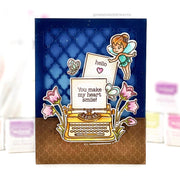 Sunny Studio You Make My Heart Smile Garden Fairy with Typewriter & Flowers Card using Vintage Valentine Clear Craft Stamps
