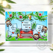 Sunny Studio Sloths with Typewriter Hugs & Kisses Tropical Valentine's Day Card using Vintage Valentine Clear Craft Stamps