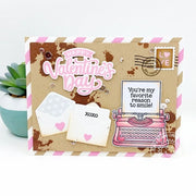 Sunny Studio Pink Typewriter & Love Notes Kraft Postcard Valentine's Day Card using Vintage Valentine 4x6 Clear Craft Stamps