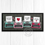 Sunny Studio Retro Typewriter Scalloped Valentine's Day Love-themed Slimline Card using Vintage Valentine Clear Craft Stamps