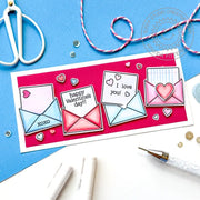 Sunny Studio I love You Mini Notes in Envelopes Slimline Valentine's Day Card using Vintage Valentine 4x6 Clear Craft Stamps
