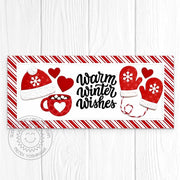 Sunny Studio Stamps Warm Winter Wishes Red & White Striped Hats Mittens Slimline Holiday Card using Marvy Uchida Snow Marker