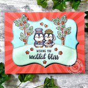 Sunny Studio Penguin Bride & Groom with Flowers Red, Black, & White Handmade Wedding Card using Wedded Bliss 2x3 Clear Stamps