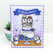 Sunny Studio Penguin Bride & Groom on Wedding Cake Handmade DIY Lavender Scalloped Card using Wedded Bliss 2x3 Clear Stamps