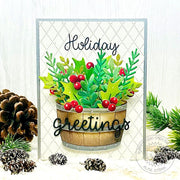 Sunny Studio Stamp Holly & Wood Barrel Dotted Diamond Holiday Greetings Christmas Card using Winter Greenery Metal Craft Dies