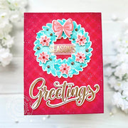 Red & Turquoise stamped Christmas card featuring a poinsettia and pine bough wreath with a gold Season's Greetings sentiment.