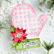 Sunny Studio Stamps Pink Gingham Winter Snowflake Mitten Christmas Holiday Card using Woolen Mitten Metal Cutting Craft Dies