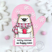 Sunny Studio Polar Bear Pink Embossed Winter Mitten Shaped Christmas Card using Build-a-Greeting Holidays Clear Craft Stamps