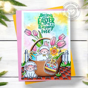 Sunny Studio Sheep, Tulips, & Daffodils in Wicker Basket Spring Easter Card using Woolly Friends 4x6 Clear Craft Stamps