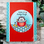 Sunny Studio Sending You Hedge Hugs Hedgehog in Bubble Bath Red & Aqua Handmade Card using Quill Cuties Clear Craft Stamps