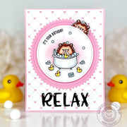 Sunny Studio Stamps Relax on your Birthday Hedgehog in Bubble Bath Pink Handmade Card using Sydney Alphabet Metal Craft Dies