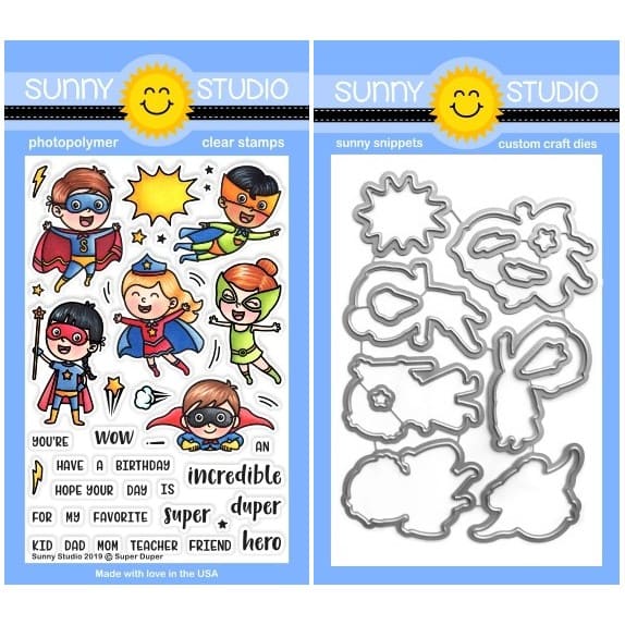 Sunny Studio Stamps Super Duper Superhero Super Hero 4x6 Photopolymer Clear Stamp & Metal Cutting Craft Dies Set