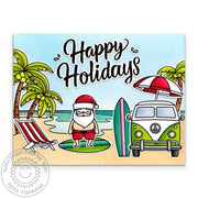 Sunny Studio Santa Claus at Beach Vintage Postcard-Inspired Holiday Christmas Card using Surfing Santa 2x3 Clear Craft Stamps